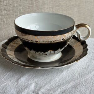 Vintage UCAGCO China Teacup Saucer Black Gold Floral Made in Occupied Japan
